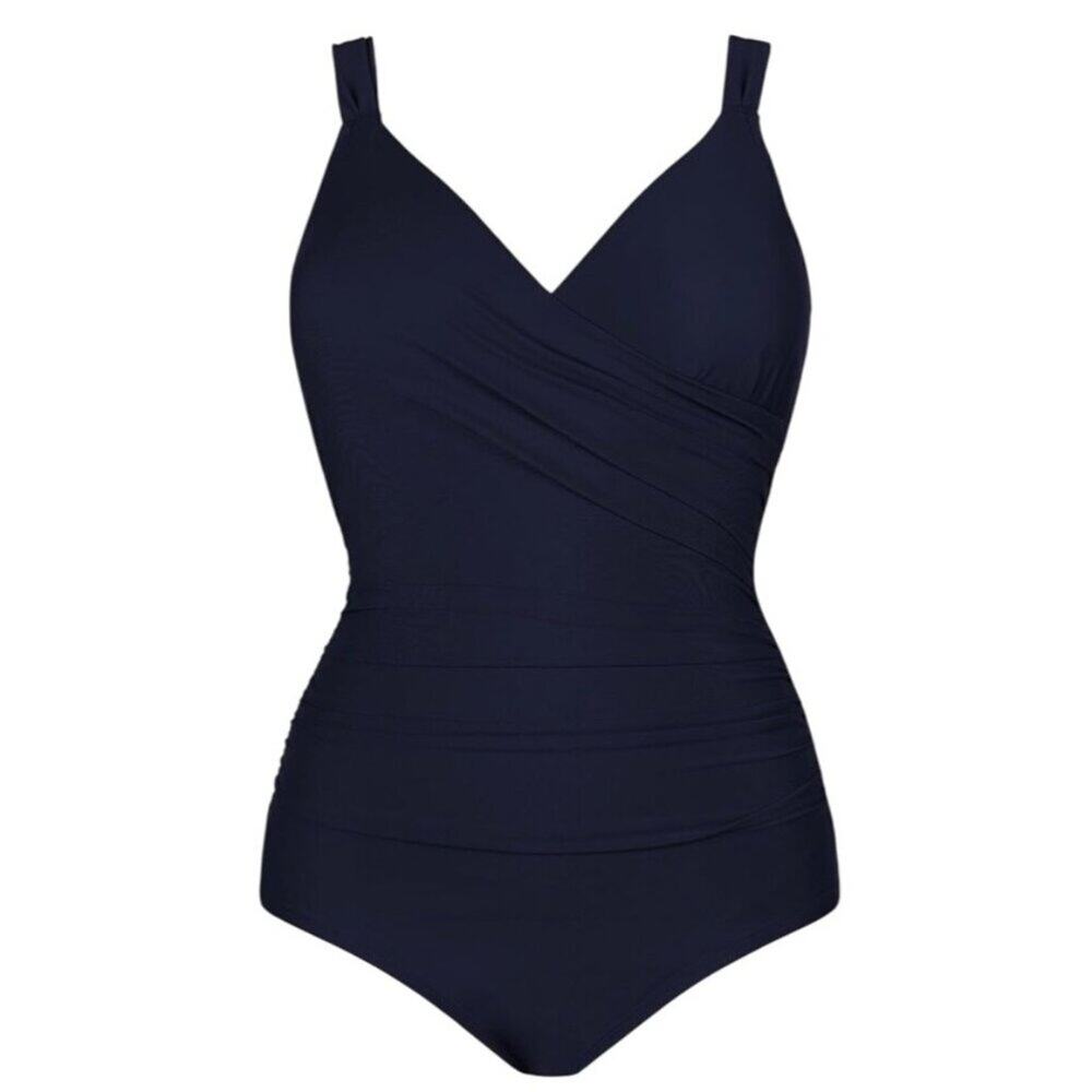 Women CupsheNavy Blue V Neck Tummy Control One Piece Swimsuit 1X Plus NWT - Picture 4 of 9